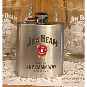 Jim Beam Stainless Steel Flask Engraved Logo Two Glass Tumblers Set